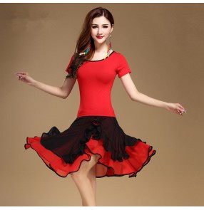 Black and red patchwork short sleeves girls women's ladies competition stage performance latin salsa cha cha samba rumba dance dresses outfit split sets